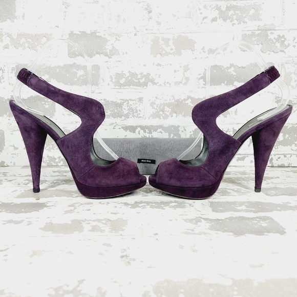 Miu Miu Purple Plum Suede Peep Roe Slingback Platform Sandals O82 - Picture 8 of 13